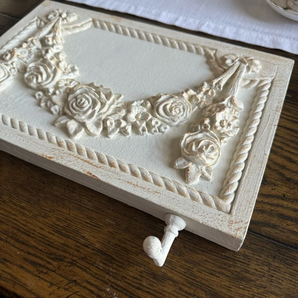 vintage-style decorative white rose wall hook panel with sculpted floral designs